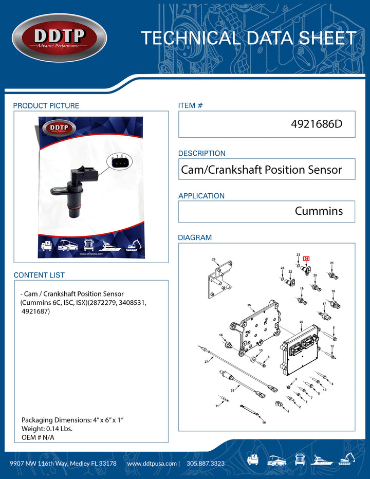 Cam / Crankshaft Position Sensor (Cummins 6C, ISC, ISX)(2872279, 3408531, 4921687)