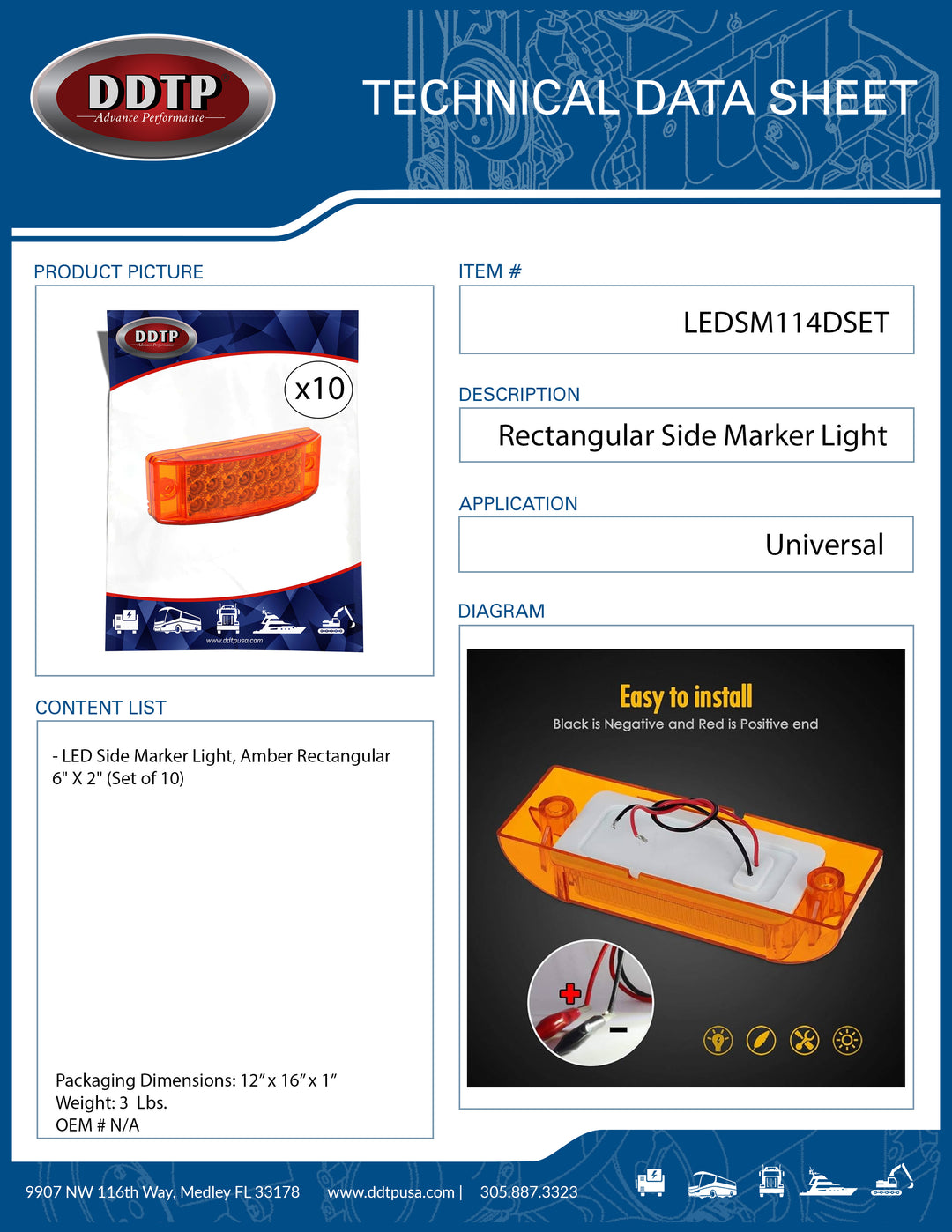 Rectangular Amber LED Side Marker Light 6" x 2" (Set of 10)