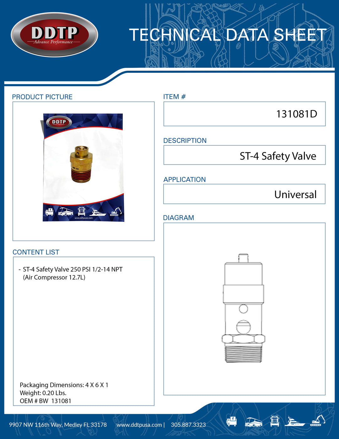 ST-4 Safety Valve 250 PSI 1/2-14 NPT (Air Compressor 12.7L)