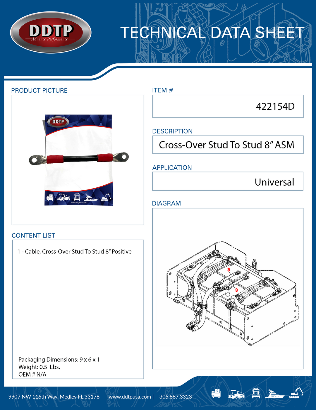 Cable, Cross-Over Stud To Stud 8" Positive ( 422154D )