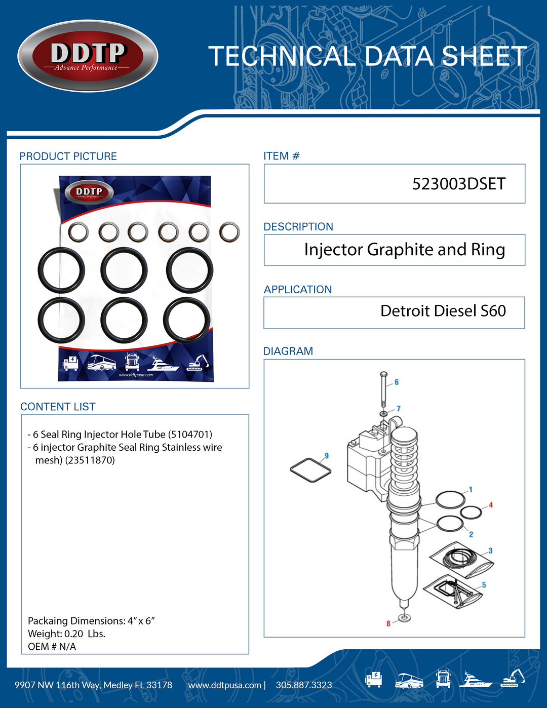 Injector Graphite and Seal Ring Lower for Detroit Diesel Engine Series 60 12.7L (Six Pack)