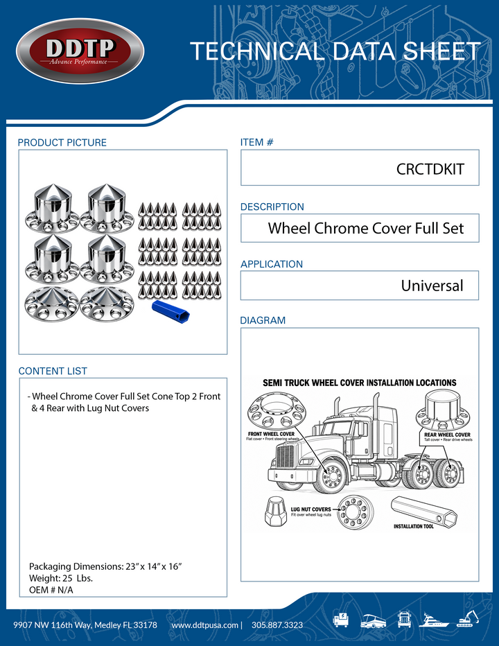 Semi Truck Wheel Chrome Cover Full Set Cone Top 2 Front &amp; 4 Rear with Lug Nut Covers