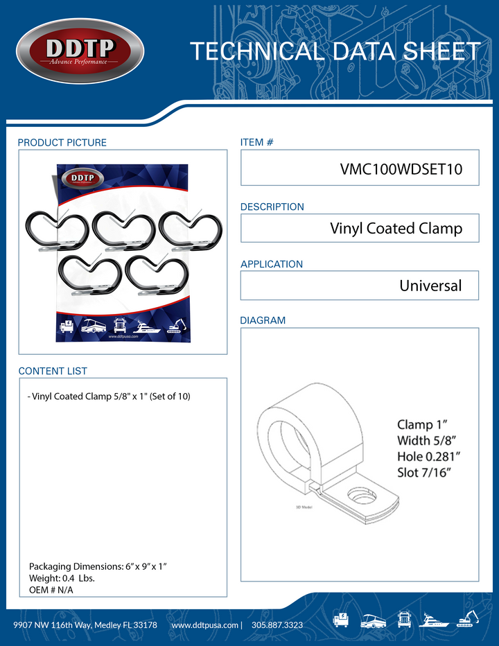Vinyl Coated Clamp, 5/8 Wide, 0.343 Hole (Set of 10)