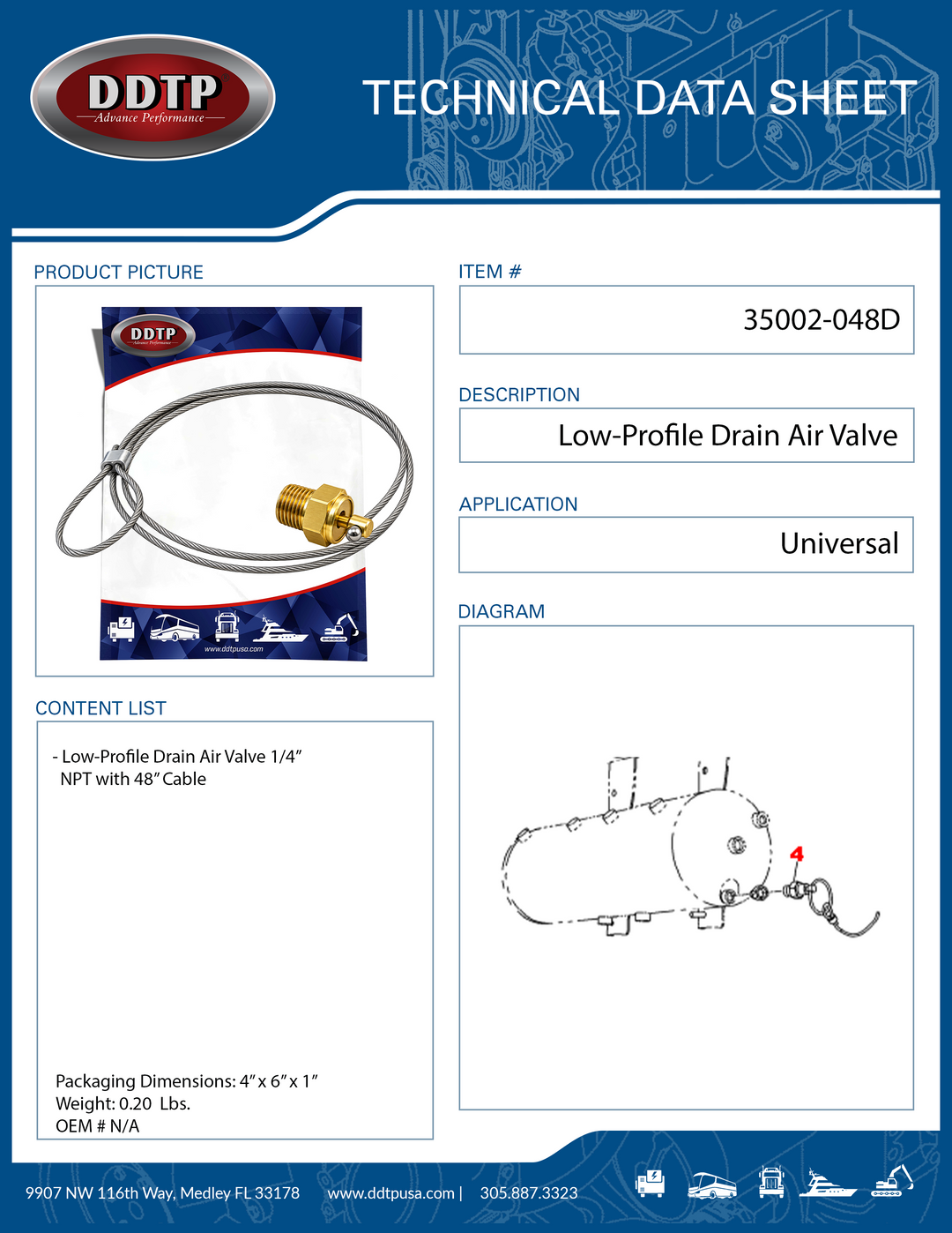 Low-Profile Drain Air Valve 1/4" NPT with 48" Cable