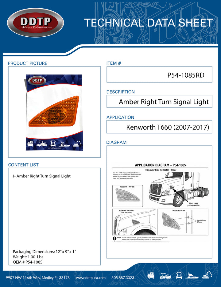 Amber Right Turn Signal Light Housing for Kenworth T660 (2007-2017) (P54-1085)