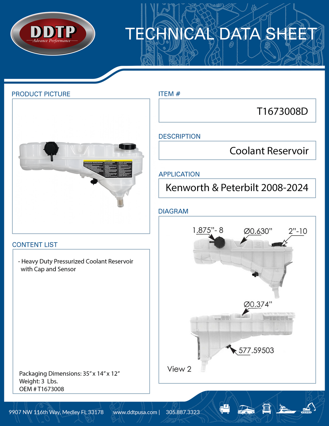 Heavy Duty Pressurized Coolant Reservoir with Cap and Sensor Kenworth & Peterbilt 2008-2024
