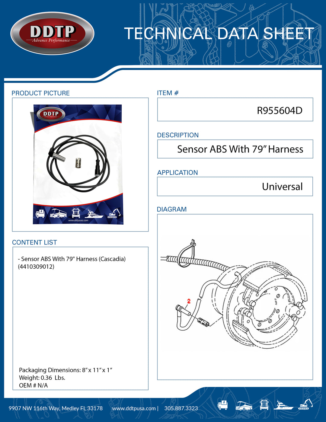 Sensor ABS con arnés de 79" Cascadia 4410309012 (R955604D)