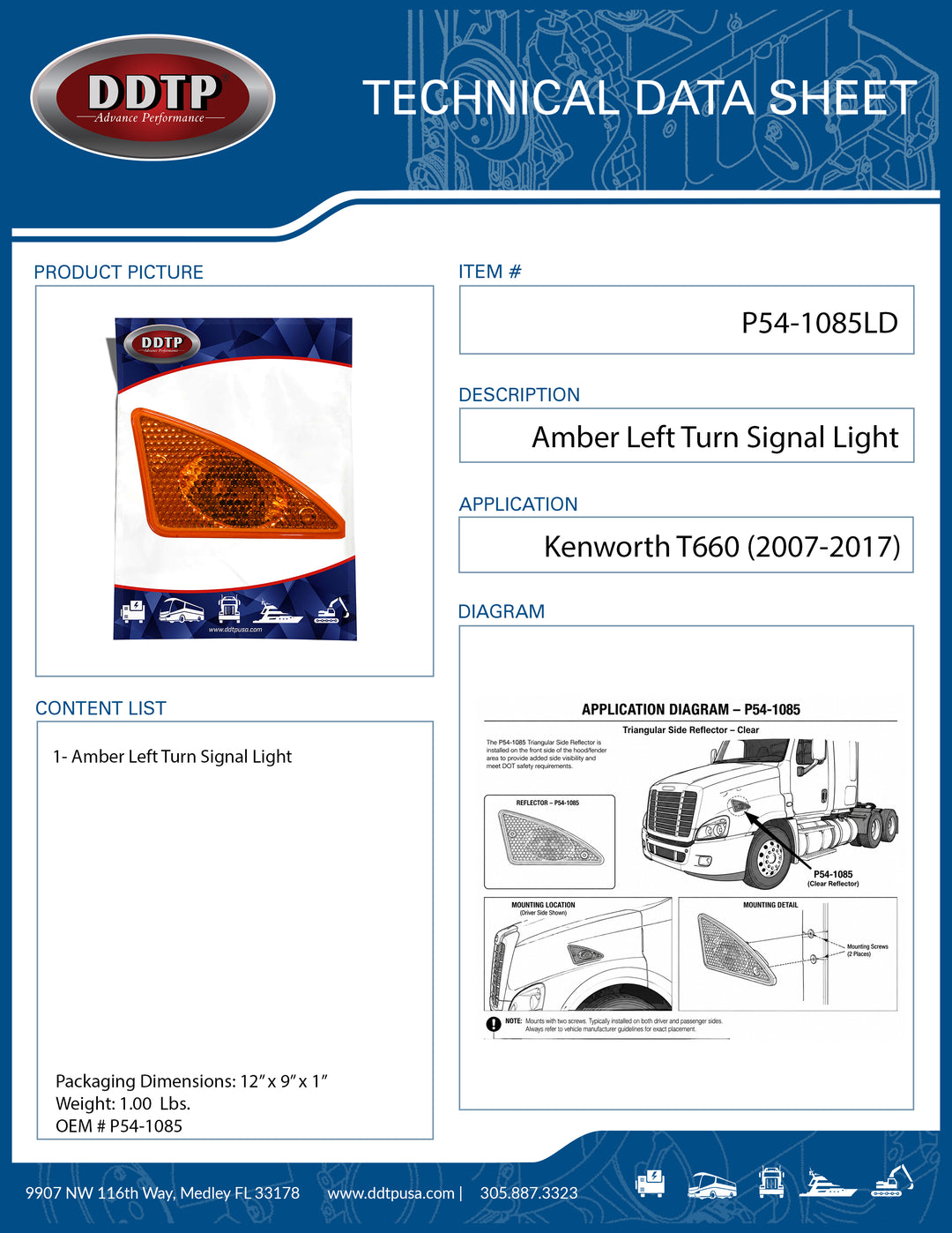 Amber Left Turn Signal Light Housing for Kenworth T660 (2007-2017) (P54-1085)