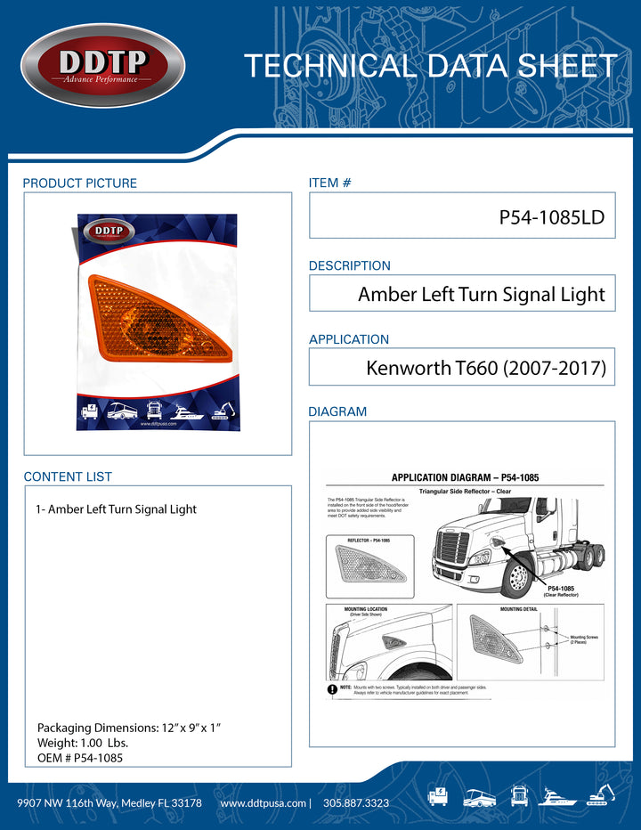 Amber Left Turn Signal Light Housing for Kenworth T660 (2007-2017) (P54-1085)