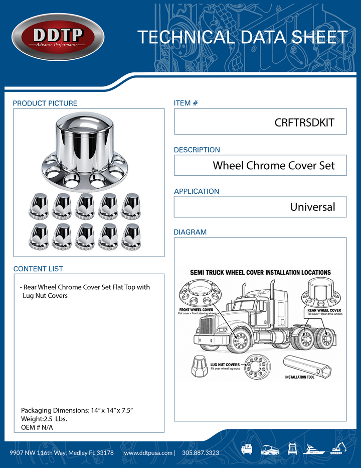 Front Wheel Chrome Cover Set Flat Top with Lug Nut Covers