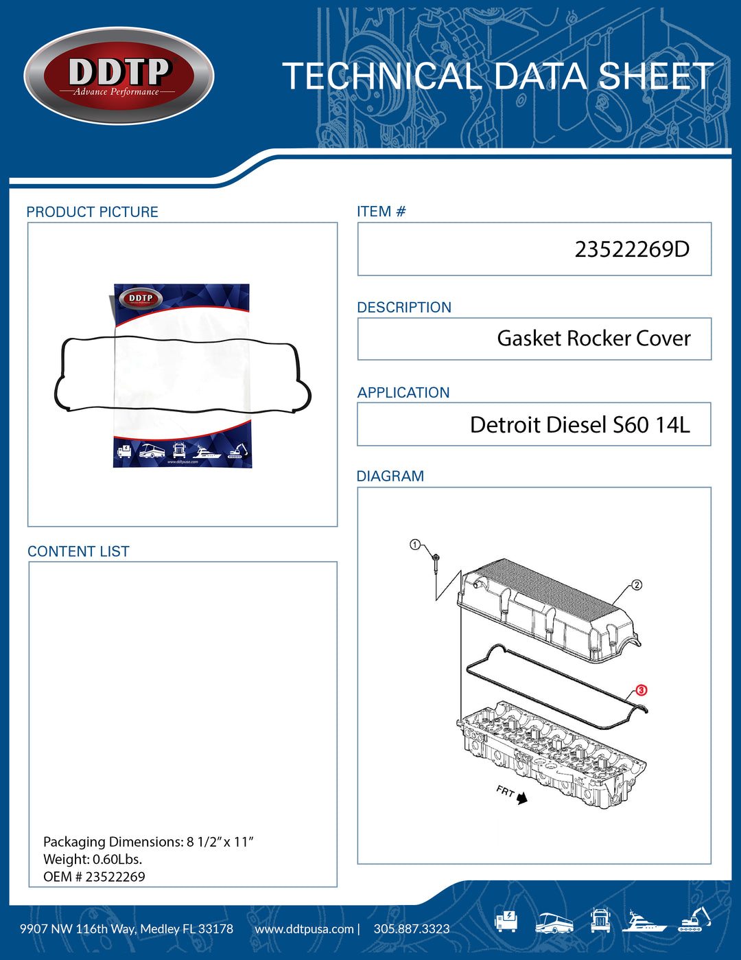 Gasket Rocker Cover Black for Detroit Diesel Engine Series 60 12.7L and 14L (23522269)