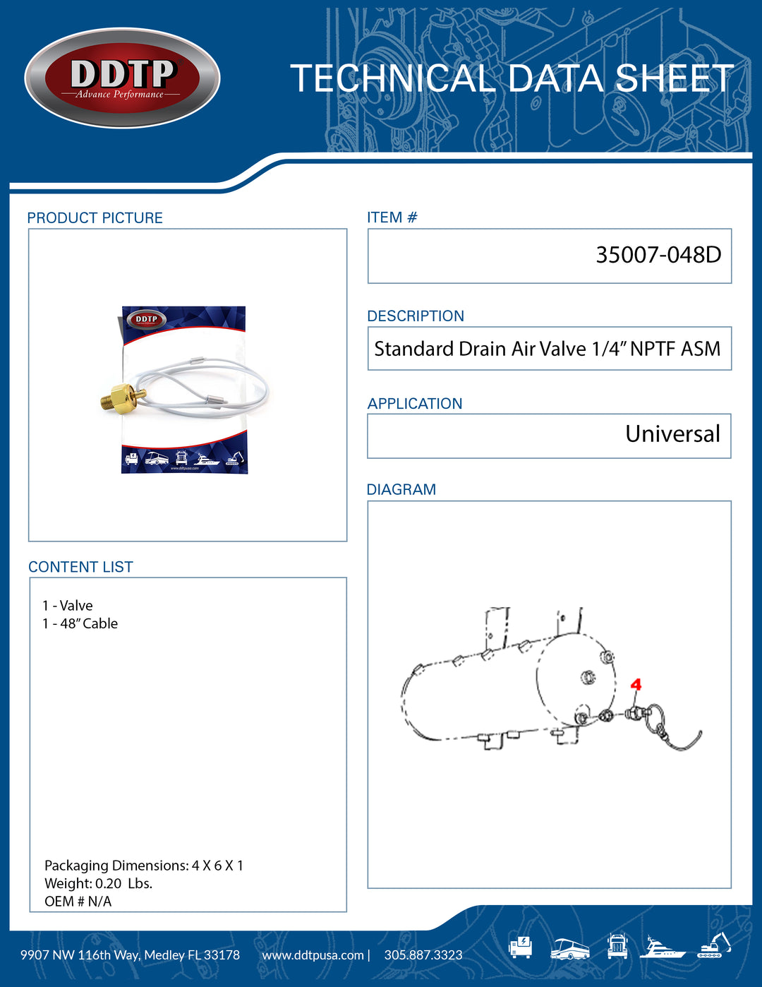 Standard Drain Air Valve 1/4" NPTF with 48" Cable