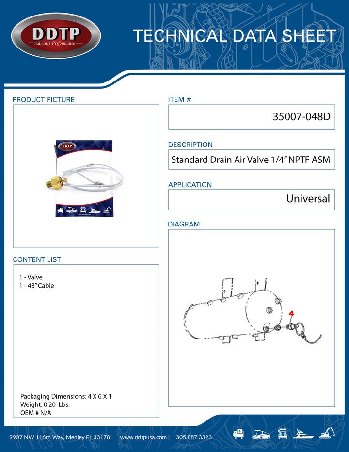 Standard Drain Air Valve 1/4" NPTF with 48" Cable