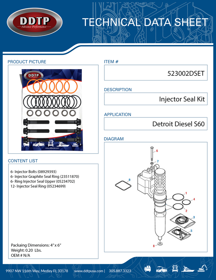 Kit de sellos de inyector para motor Detroit Diesel serie 60 de 12,7 l (paquete de seis)