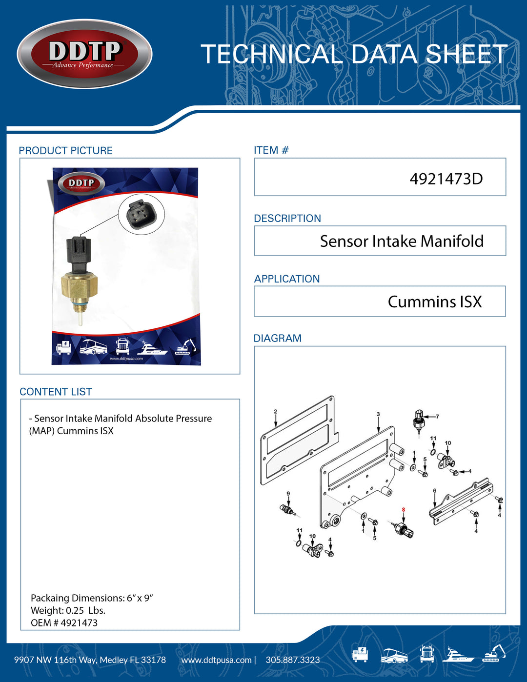 Sensor de presión absoluta del colector de admisión (MAP) Cummins ISX (4921473)