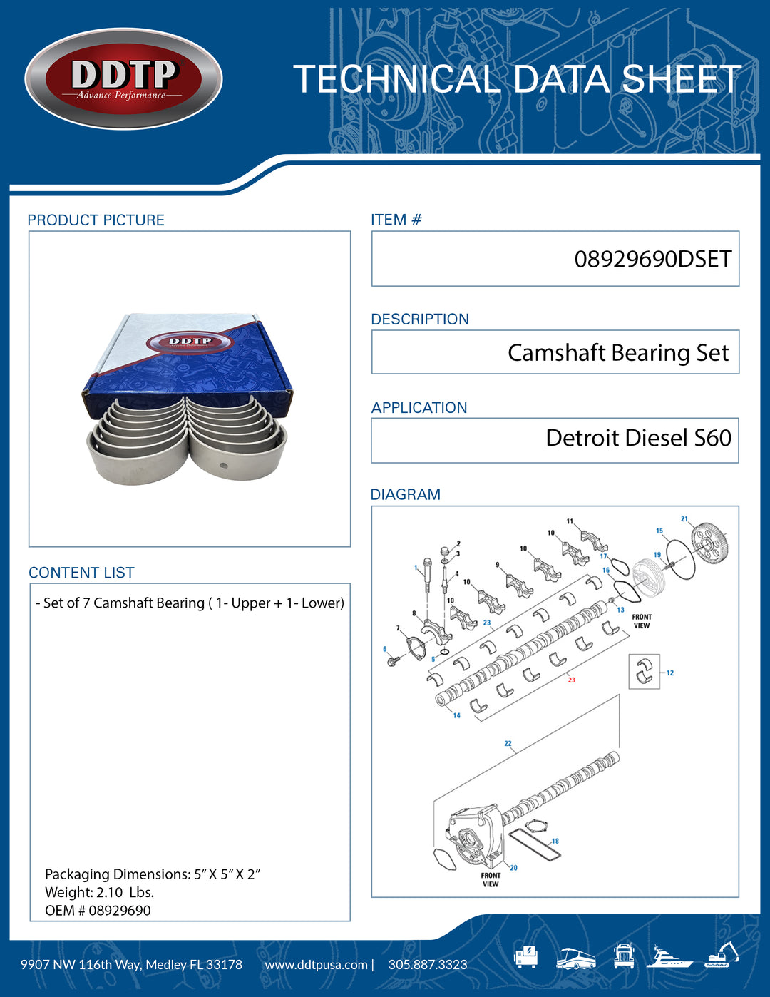 Camshaft Bearing (Set of7) For Detroit Diesel S60 (08929690)