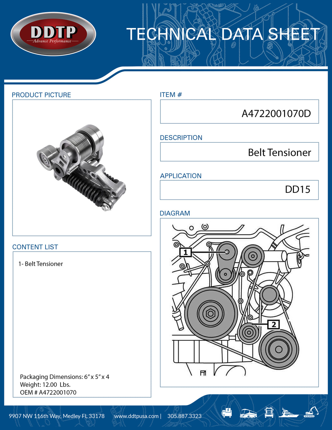 Belt Tensioner for Detroit Diesel DD15 Engine – Heavy Duty Serpentine Belt Tensioner (A4722001070)