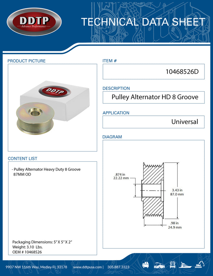 Pulley Alternator Heavy Duty 8 Groove 87MM OD