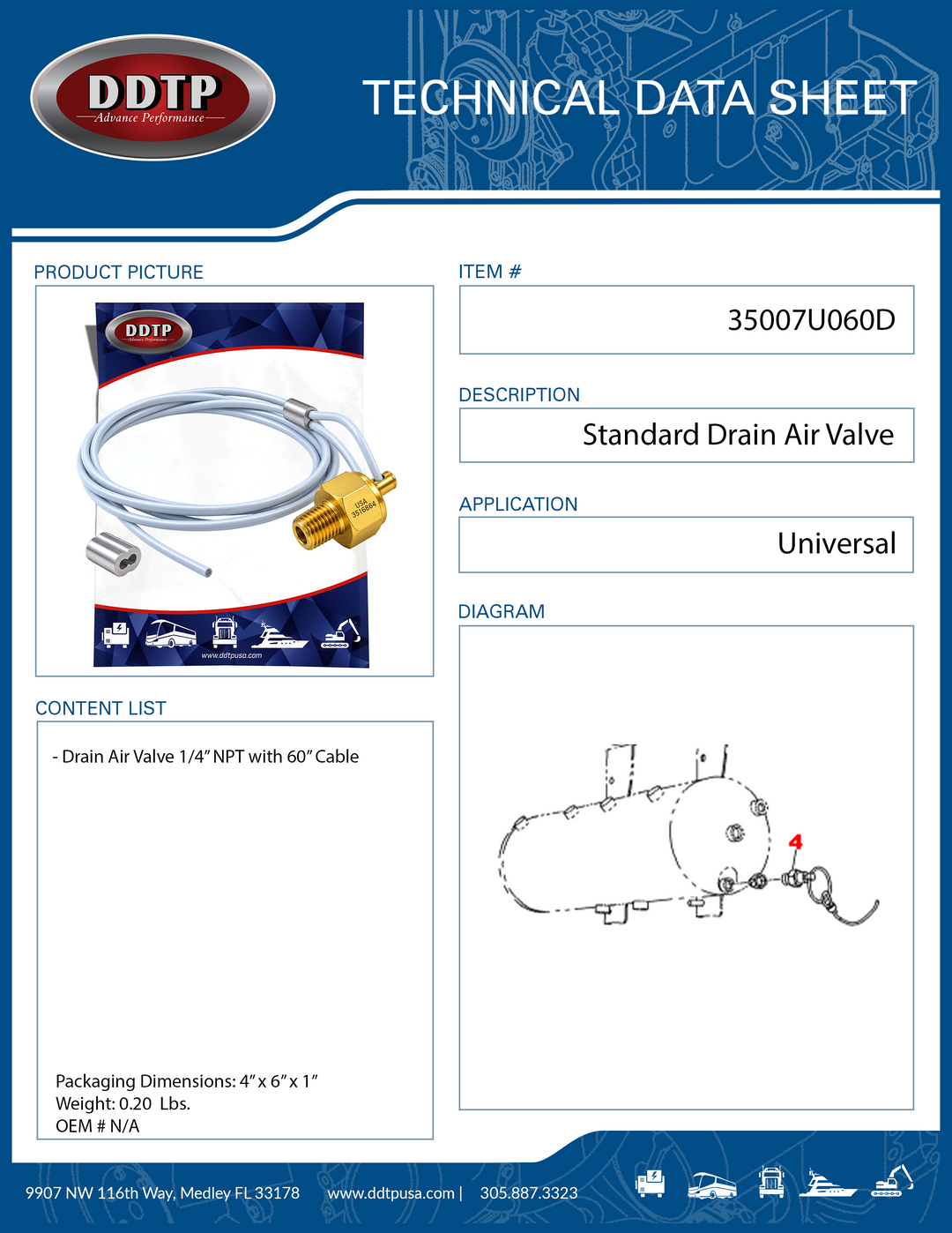 Standard Drain Air Valve 1/4" NPT with 60" Cable