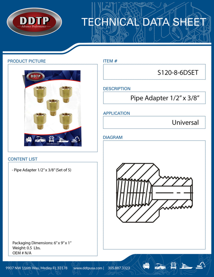 Adaptador de tubería de latón de 1/2" x 3/8" (juego de 5)