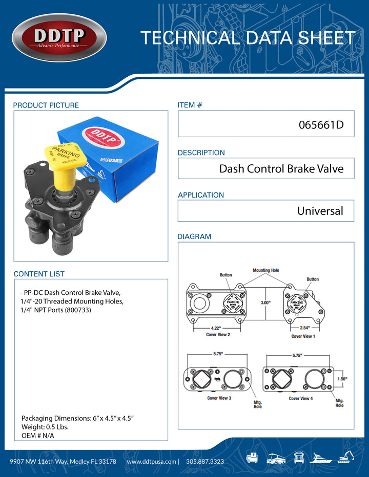 PP-DC Dash Control Brake Valve, 1/4"-20 Threaded Mounting Holes, 1/4" NPT Ports (800733)