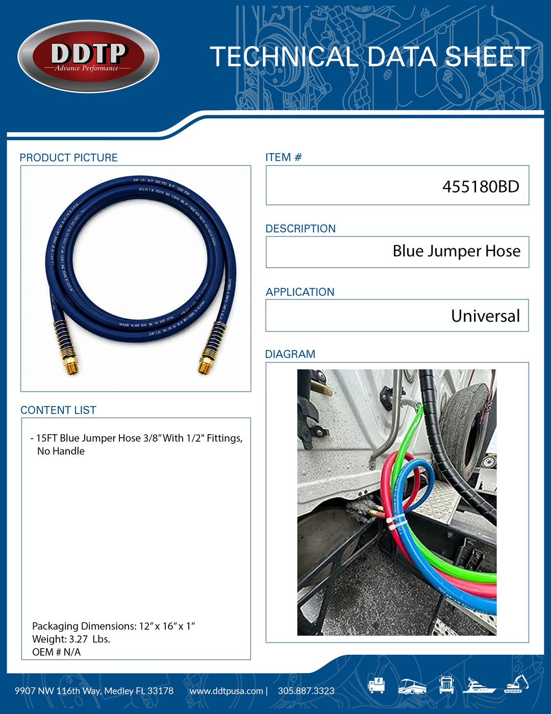 15FT Blue Jumper Hose 3/8” With 1/2" Fittings, No Handle