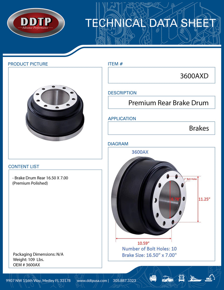 Rear Brake Drum 16.50 X 7.00 (Premium Polished)(3600AX)