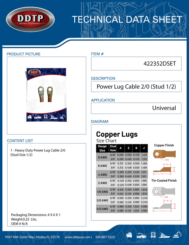 Heavy Duty Power Lug Cable 2/0 Stud Size 1/2 ( 422352DSET )