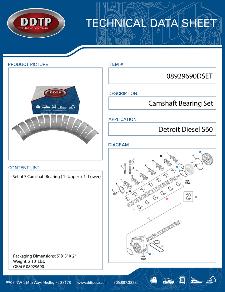 Cojinete de árbol de levas (juego de 7) para Detroit Diesel S60 (08929690)