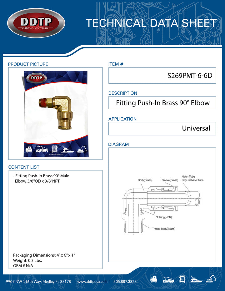 Brass 90° Push-In Male Elbow 3/8" OD x 3/8" NPT