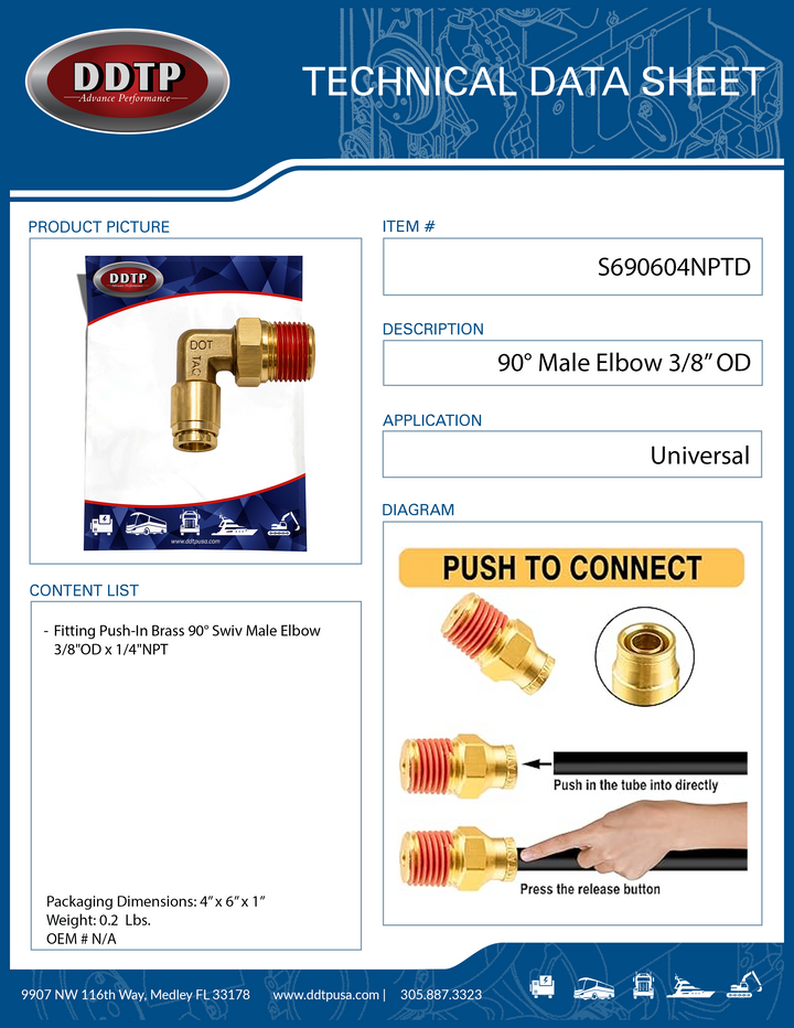 Codo macho de 90° de 3/8” de diámetro exterior x 1/4" NPT