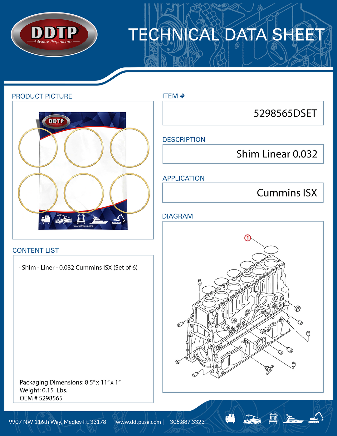 Shim - Liner - 0.032 Cummins ISX  (Set of 6)
