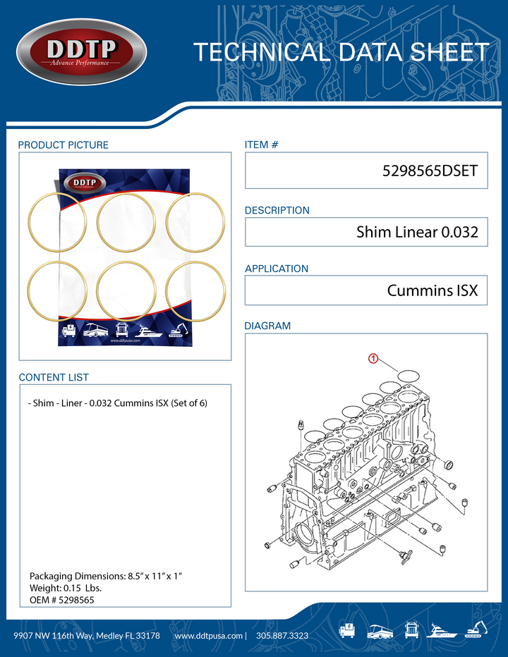 Shim - Liner - 0.032 Cummins ISX  (Set of 6)