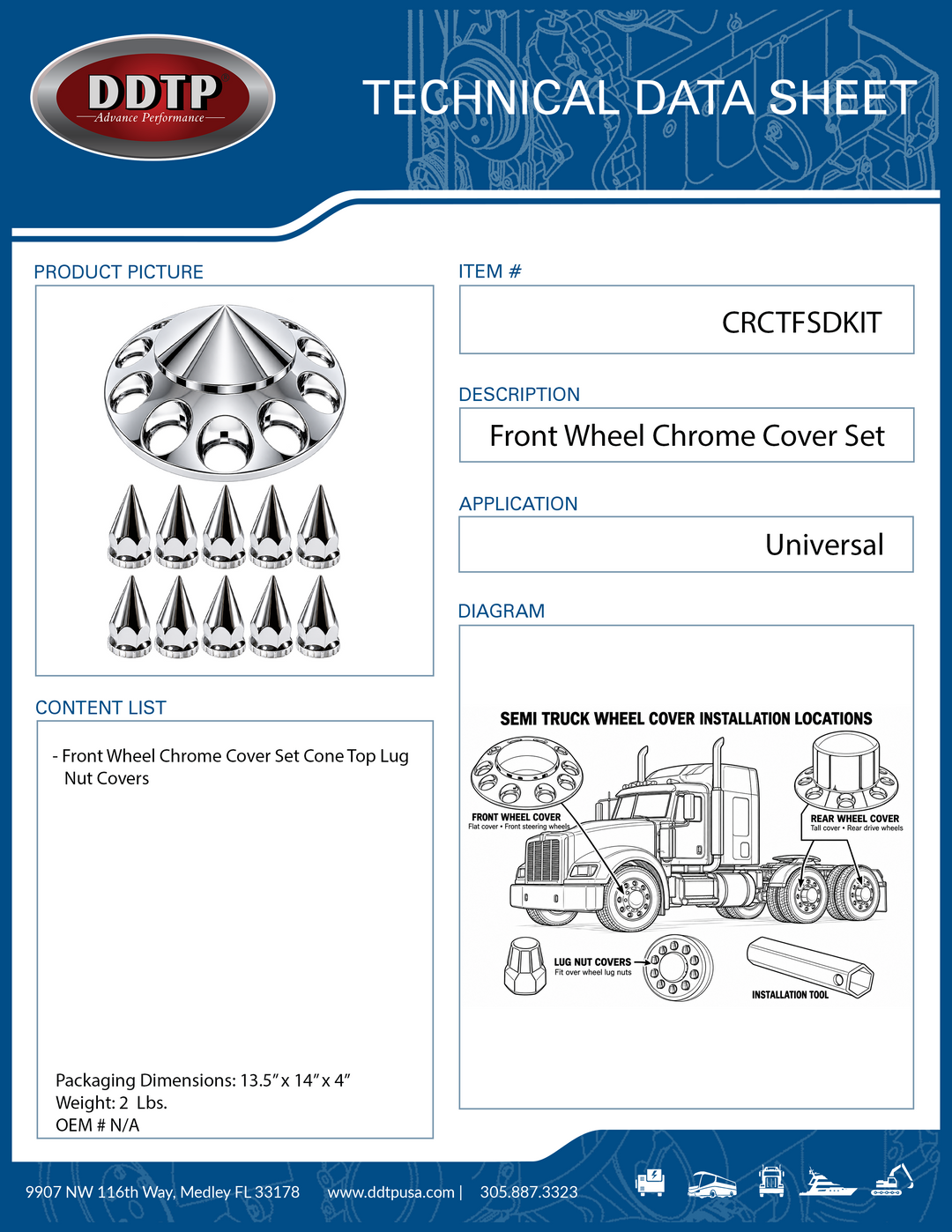 Front Wheel Chrome Cover Set Cone Top with Lug Nut Covers