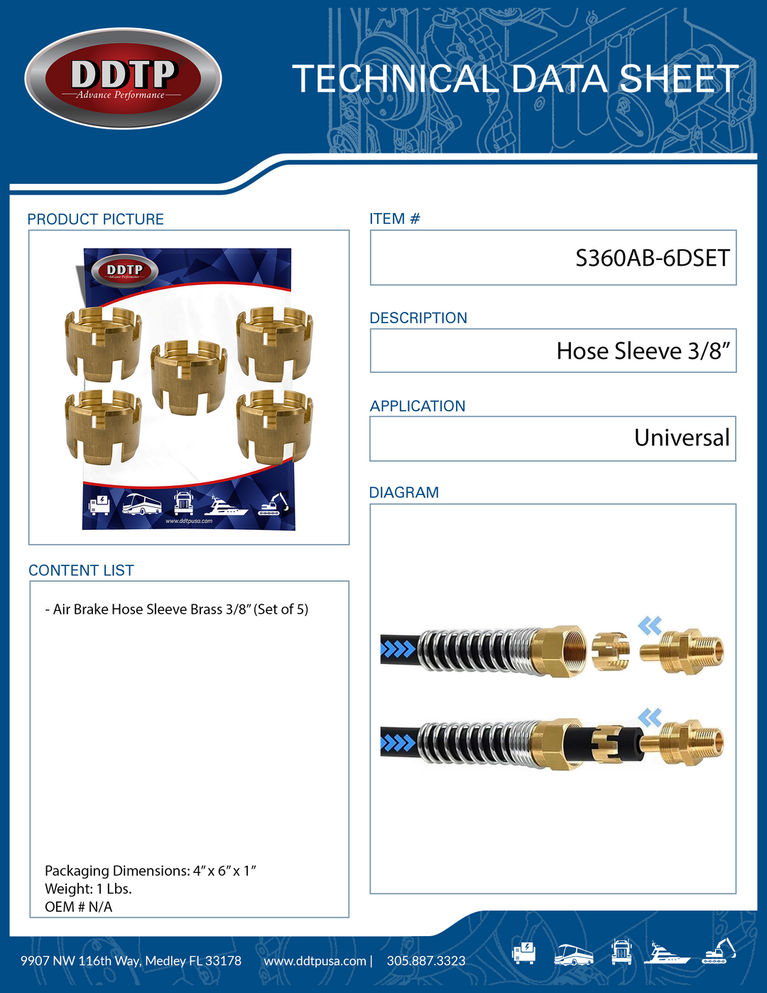 Hose Sleeve Brass Air Brake Fitting 3/8" x 3/8" ID (Set of 5)