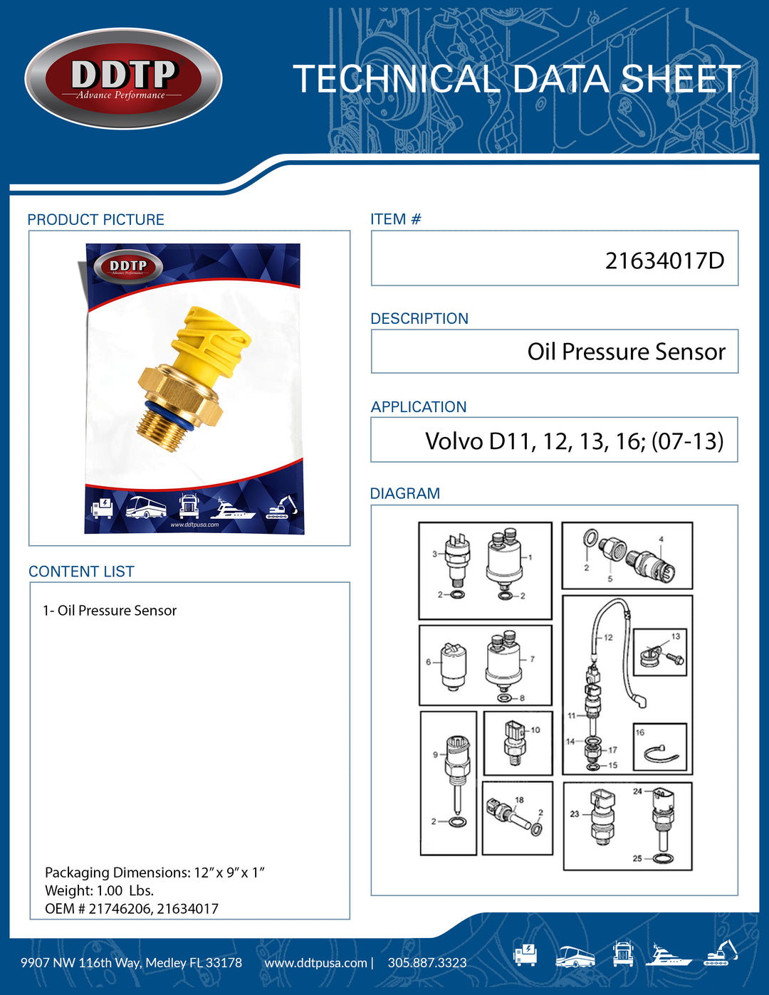 Oil Pressure Sensor Crankcase (Volvo D11, D12, D13, D16)(07-13)(21746206, 21634017)