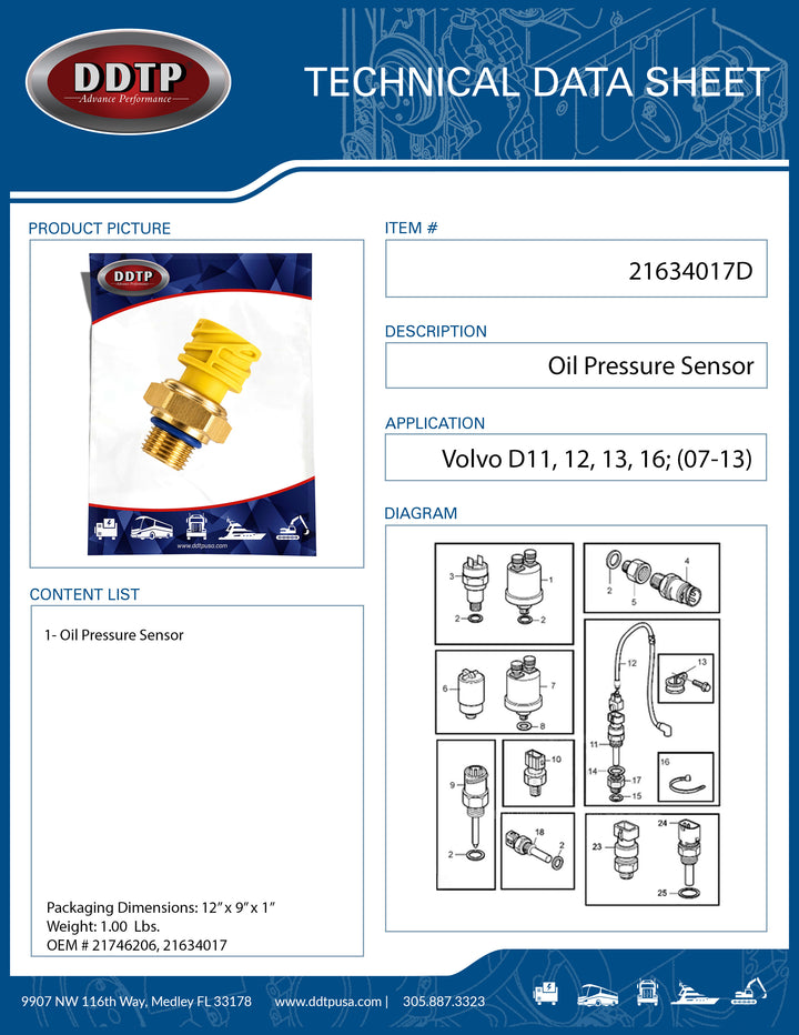 Oil Pressure Sensor Crankcase (Volvo D11, D12, D13, D16)(07-13)(21746206, 21634017)