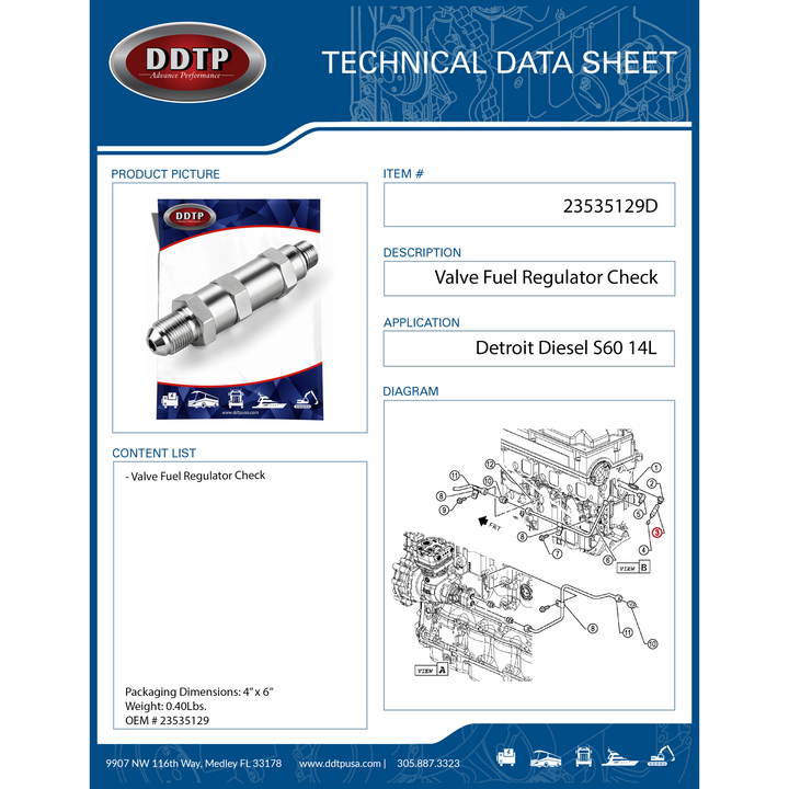 Fuel Check Valve Regulator Detroit Diesel S60 14L