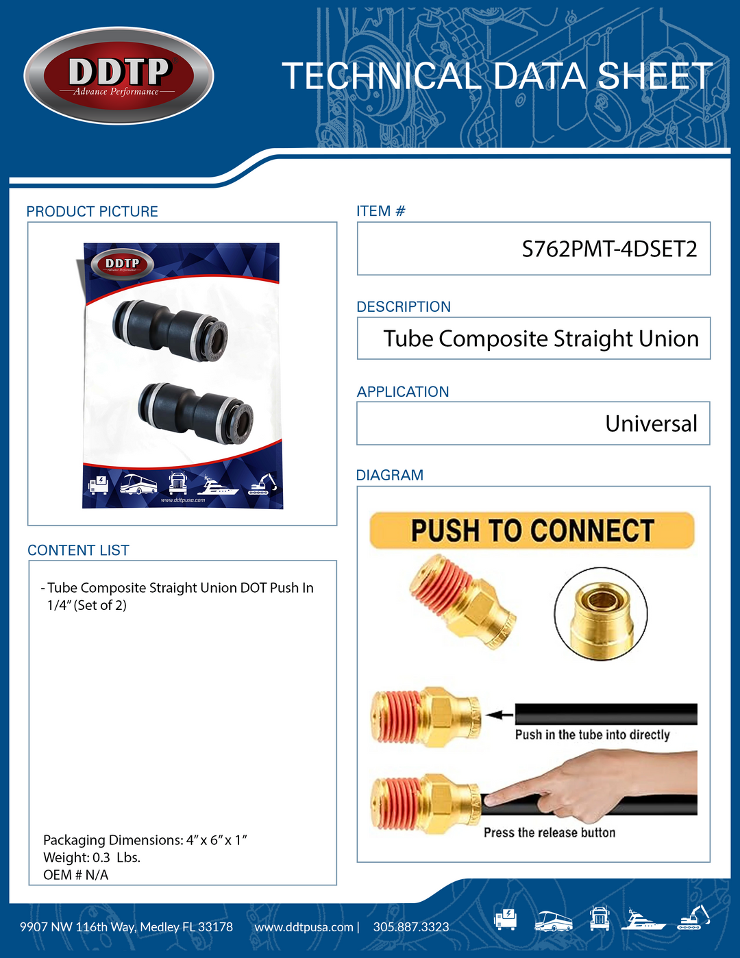 Composite Push-In Straight Union DOT Fitting 1/4" (Set of 2)