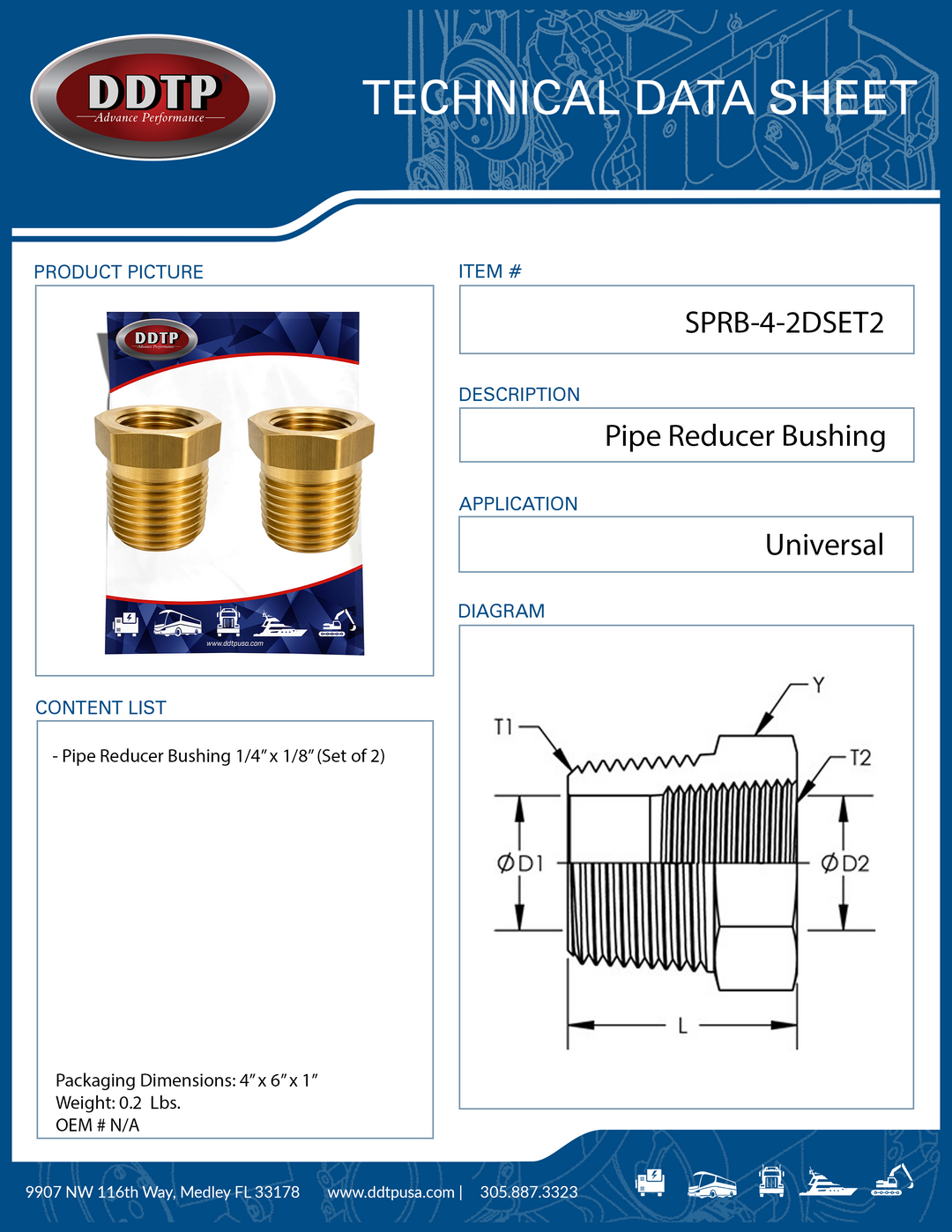 Brass Pipe Reducer Bushing 1/4" x 1/8" (Set of 2)