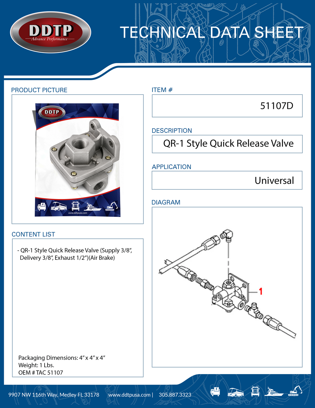 QR-1 Style Quick Release Air Brake Valve (Supply 3/8”, Delivery 3/8”, Exhaust 1/2”)