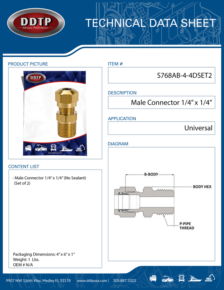 Conector macho de latón de 1/4" x 1/4" (sin sellador) (juego de 2)