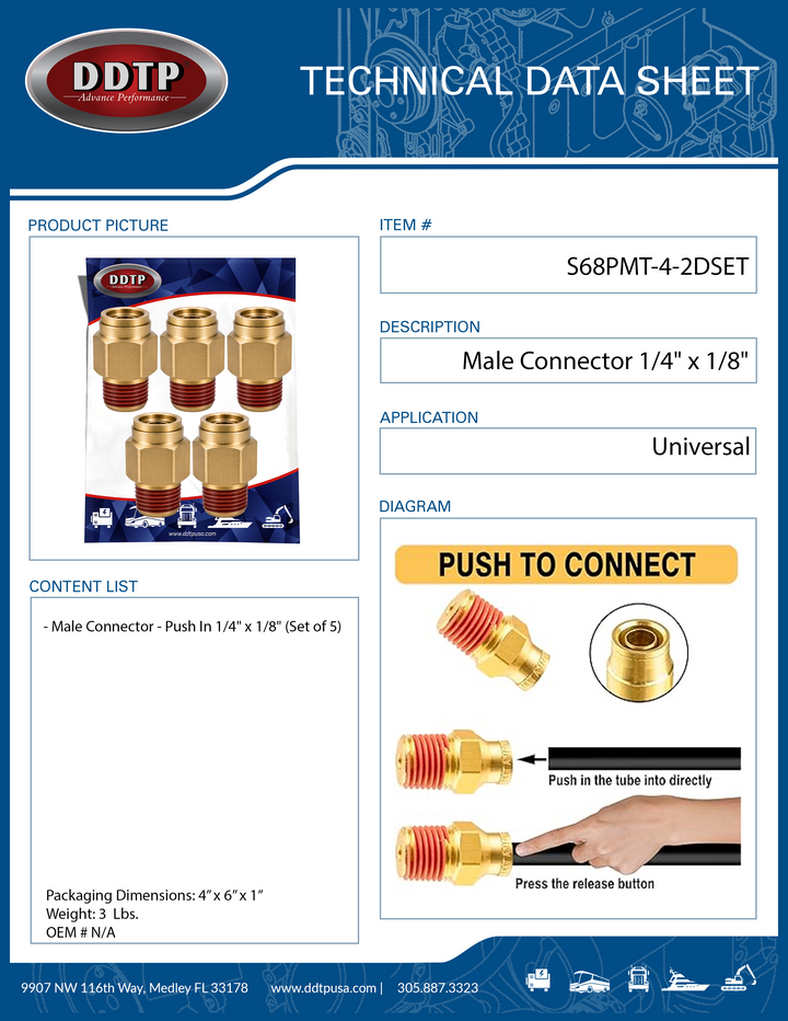 Conector macho de latón - A presión 1/4" x 1/8" (juego de 5)