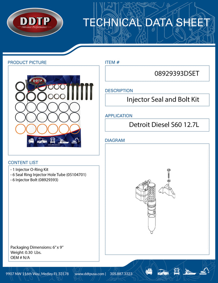 Injector Seal and Bolt Kit for Detroit Diesel Engine Series 60 12.7L Six Pack ( 08929393 )