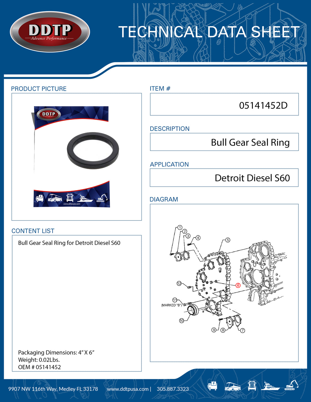 Bull Gear Seal Ring Detroit Diesel S60 (05141452)