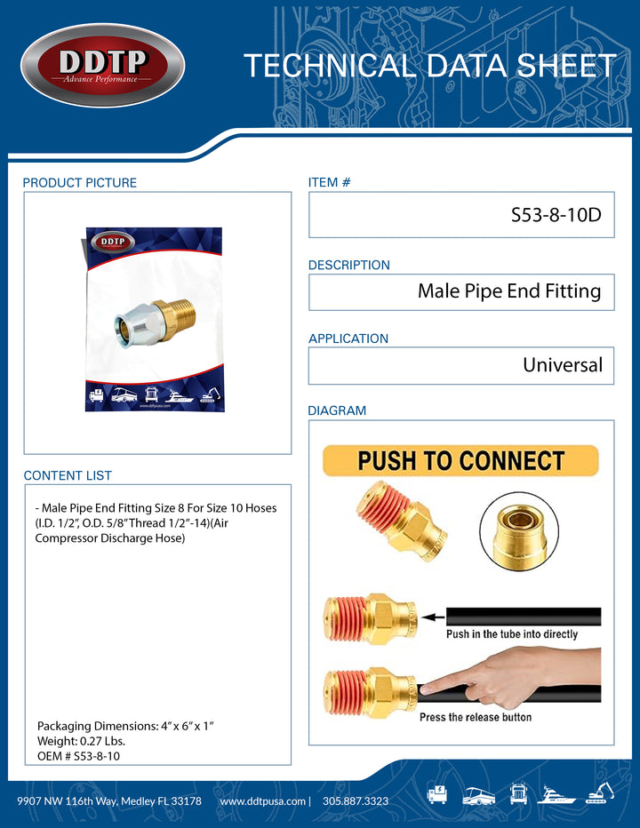 Male Pipe End Fitting (Size 8 For Size 10 Hose)