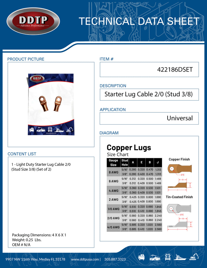 Light Duty Starter Lug Cable 2/0 Stud Size 3/8 Set of 2 ( 422186DSET )
