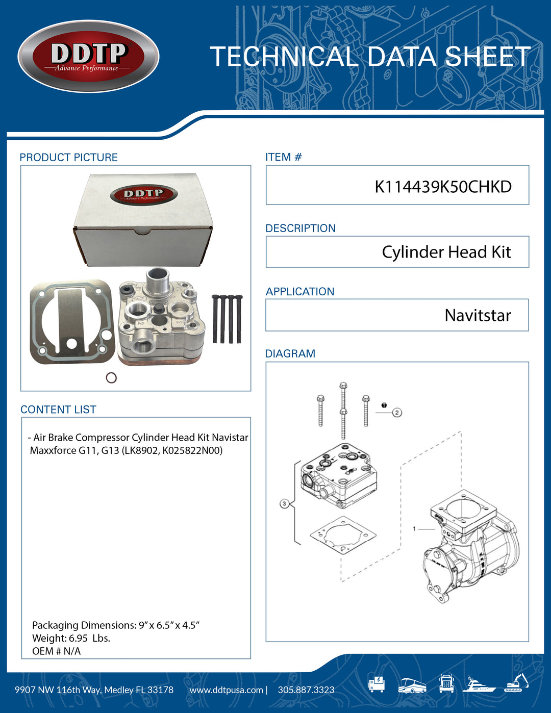 Air Brake Compressor Cylinder Head Kit Navistar Maxxforce G11, G13 (LK8902, K025822N00)