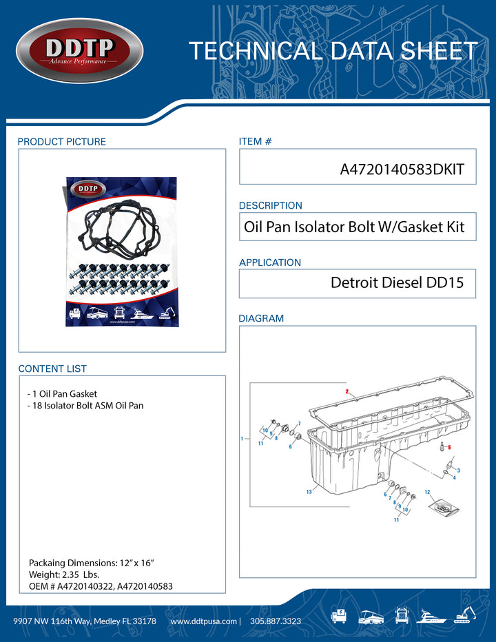 Oil Pan Isolator Bolt Asm W/ Gasket Kit DD15 ( A4720140583 )
