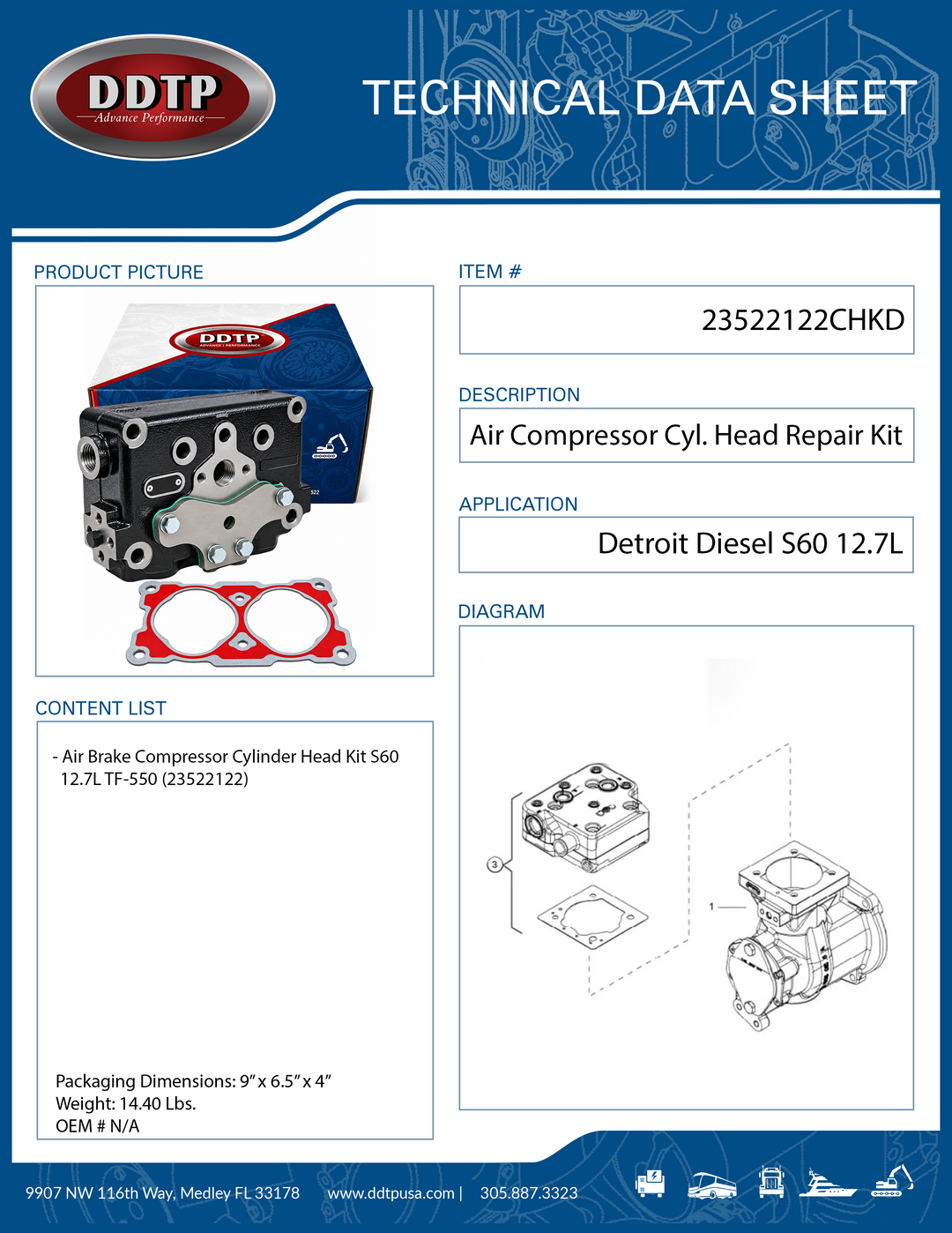 Air Brake Compressor Cylinder Head Kit Detroit Diesel S60 12.7L TF-550